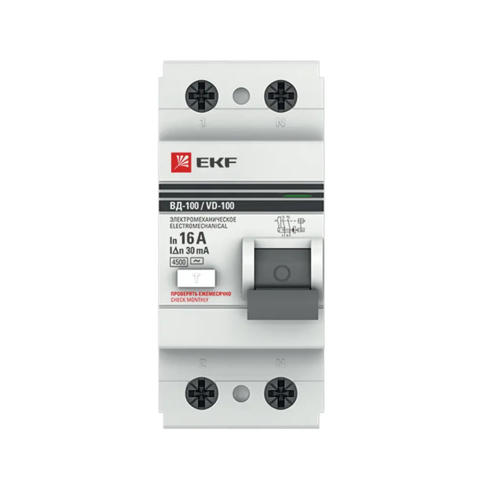 УЗО EKF ВД-100 2P 16 А 30 мА 4.5 кА АС elcb-2-16-30-em-pro 82423019 STLM-2174261  - Вид №1