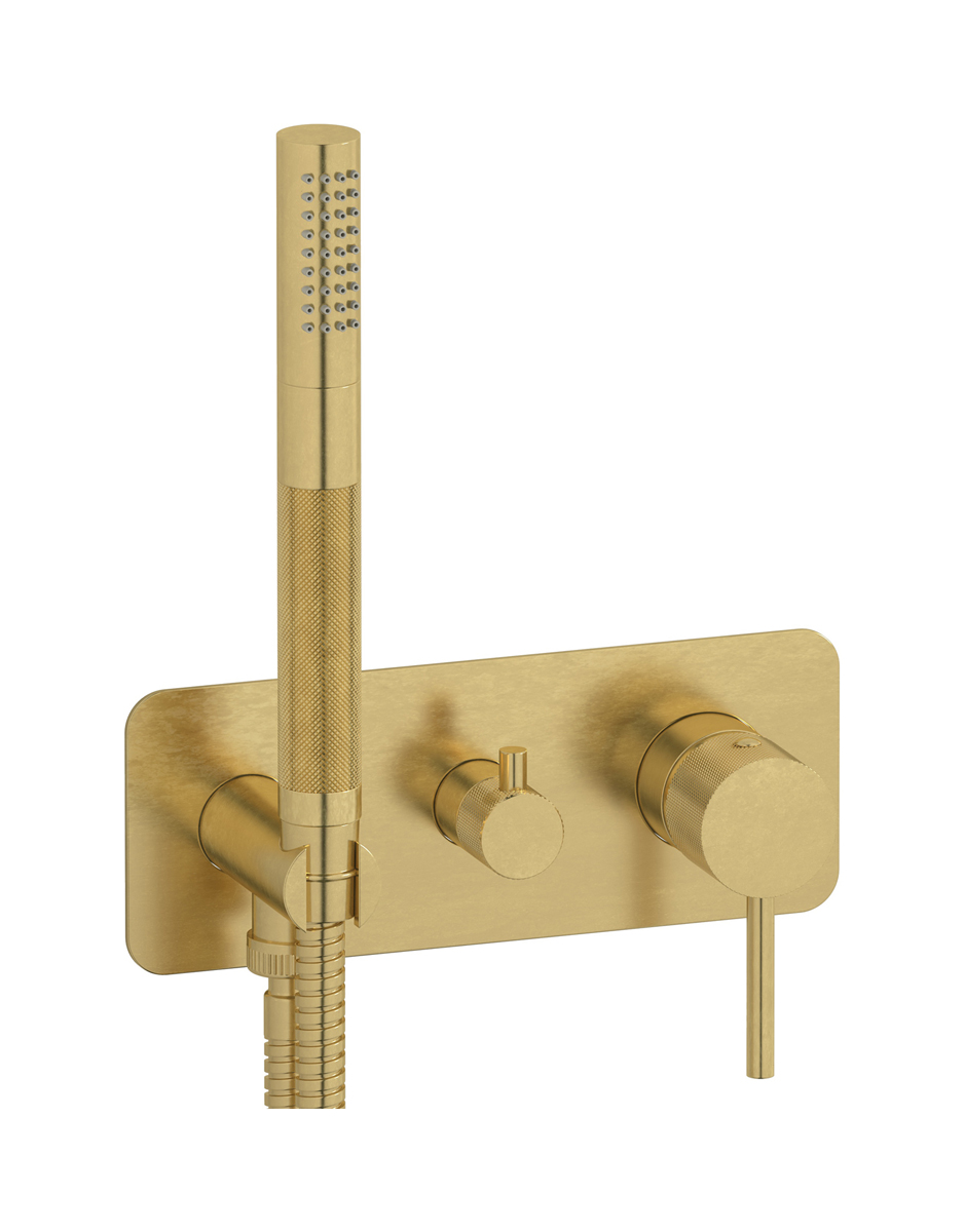 Внешние части встроенного в стену смесителя на 2 потребителя в комплекте с душевым гарнитуром WE ARE IB id313on Natural Brass Industria