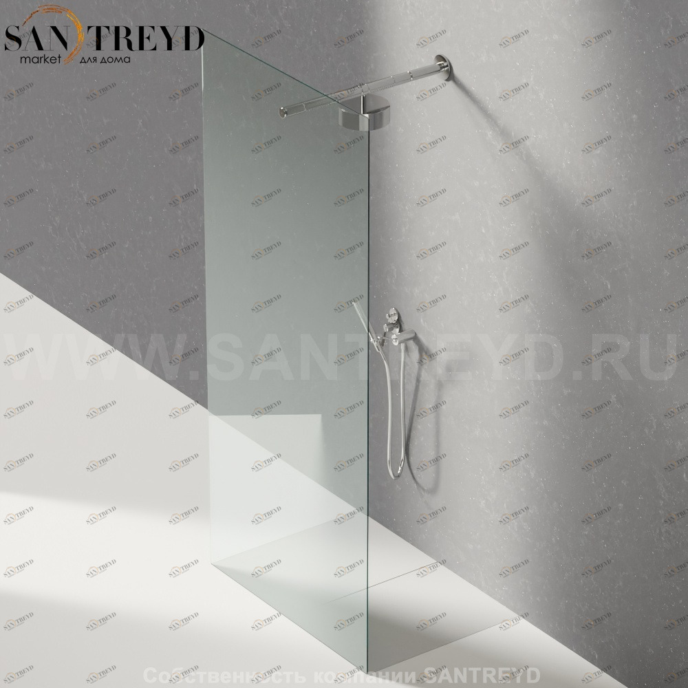 Душевое ограждение FLAT D подрезаемое, стеклянная прозрачная перегородка с держателем со встроенным соплом для установки верхнего душа. Размеры: глубина от 70 до 100, длина от 100 до 140 см Agape DA70100100140SO