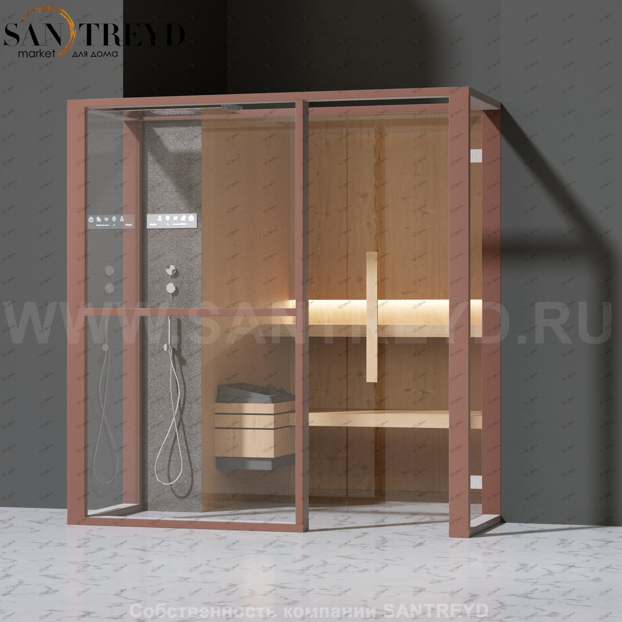 Effegibi LOGICAFILO S LO21030012 Сауна. Установка: в полунишу. Левая дверь. Мощность: 6 кВт макс. Размеры: длина 214 см, ширина 250 см. Отделка: канадский хемлок, матовый лакированный коричневый аллюминий и темный ламинат из керамогранита.