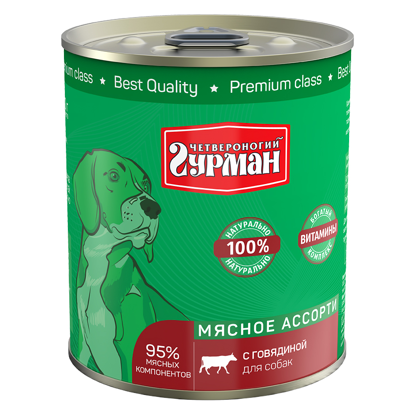 Т0055558 Корм для собак Мясное ассорти говядина конс. 340г ЧЕТВЕРОНОГИЙ ГУРМАН 