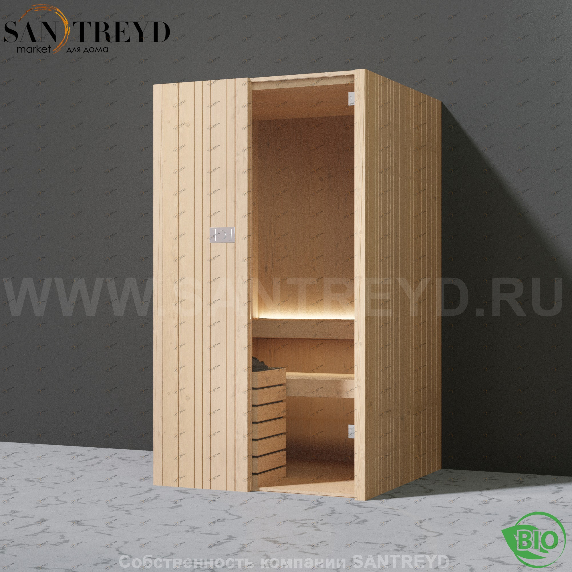 Effegibi AUKI BI50300002 Био-сауна. Установка: к стене. Мощность: 2,5 кВт макс. Размеры: длина 128 см, ширина 126 см. Отделка: канадский хемлок.