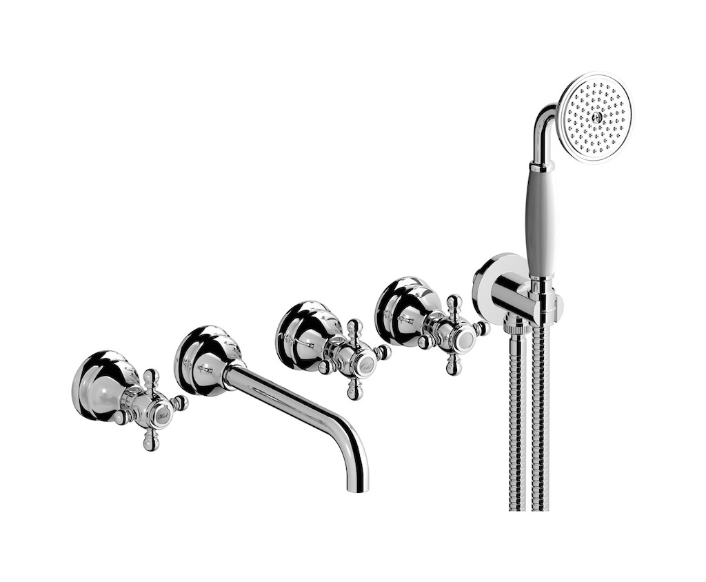 Настенный смеситель для ванной на 5 отверстий с дивертером и душевым гарнитуром. WE ARE IB hr398cc Chrome Hermes