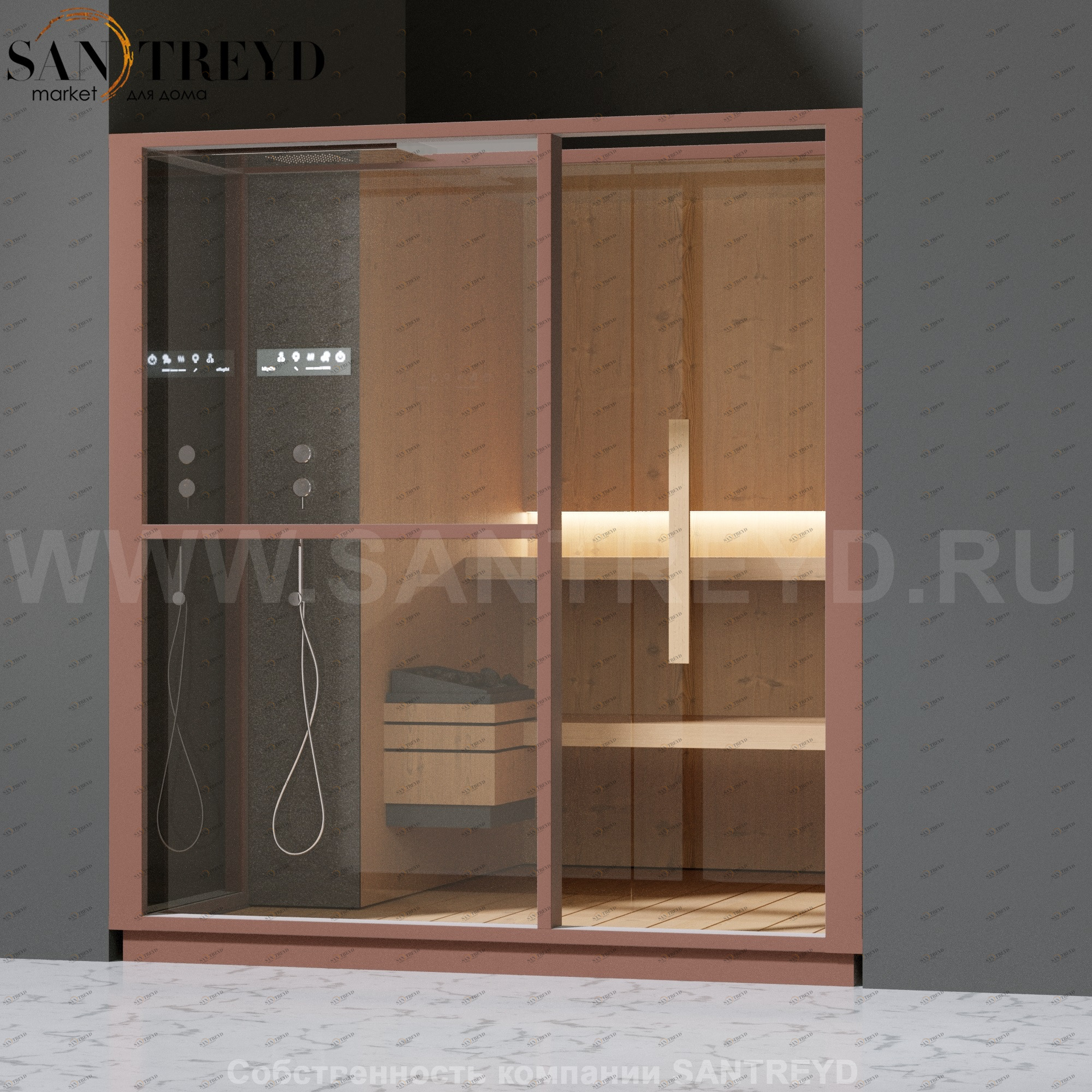 Effegibi LOGICA S LO20030010 Сауна. Установка: в нишу. Левая дверь. Мощность: 6 кВт макс. Размеры: длина 214 см, ширина 250 см. Отделка: канадский хемлок, матовый лакированный коричневый аллюминий и темный ламинат из керамогранита.