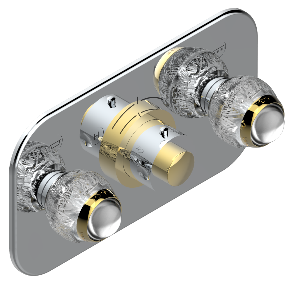 A2H-5401BEH Накладка с ручкой регулировки температуры и двумя маховиками для термостатического смесителя с горизонтальной установкой Thg-paris Panthere со светлым хрусталём Хром/золото A2H 5401BEH CAT.A
