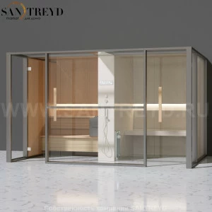 Effegibi LOGICAFILO LO11010004 Комбинированная баня: хаммам и сауна. Установка: к стене. Мощность: 10,5 кВт макс. Размеры: длина 373 см, ширина 250 см. Отделка: канадский хемлок, матовый лакированный серый аллюминий и бежевый ламинат из керамогранита.