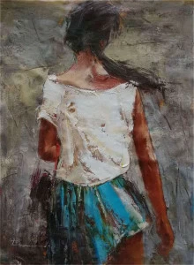 Картина на холсте 100х100 см "Брюнетка в платье" EVENHOME КАРТИНЫ МАСЛОМ 129990 Белый;голубой;синий;разноцветный