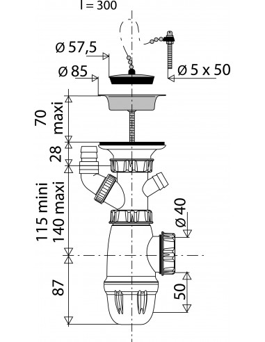 753000 000 00  Полный комплект для мойки с 1 чашей без перелива, диам. 60 мм, нержавеющая сталь, сертифицировано NF Valentin Сталь  - Вид №2