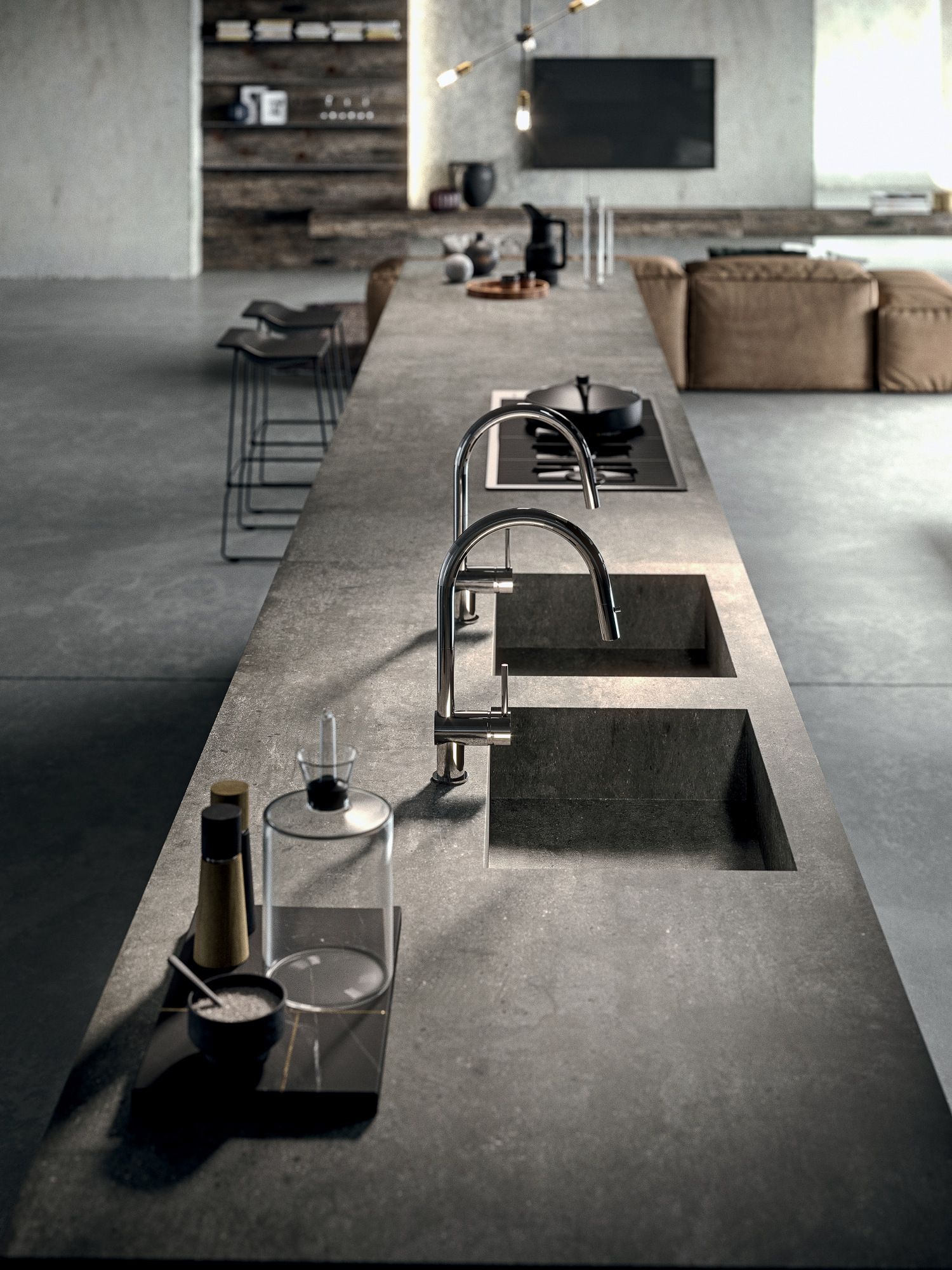 Линейная кухня из керамогранита с островом MODULNOVA Frame ARCH-00013551 - Вид №1