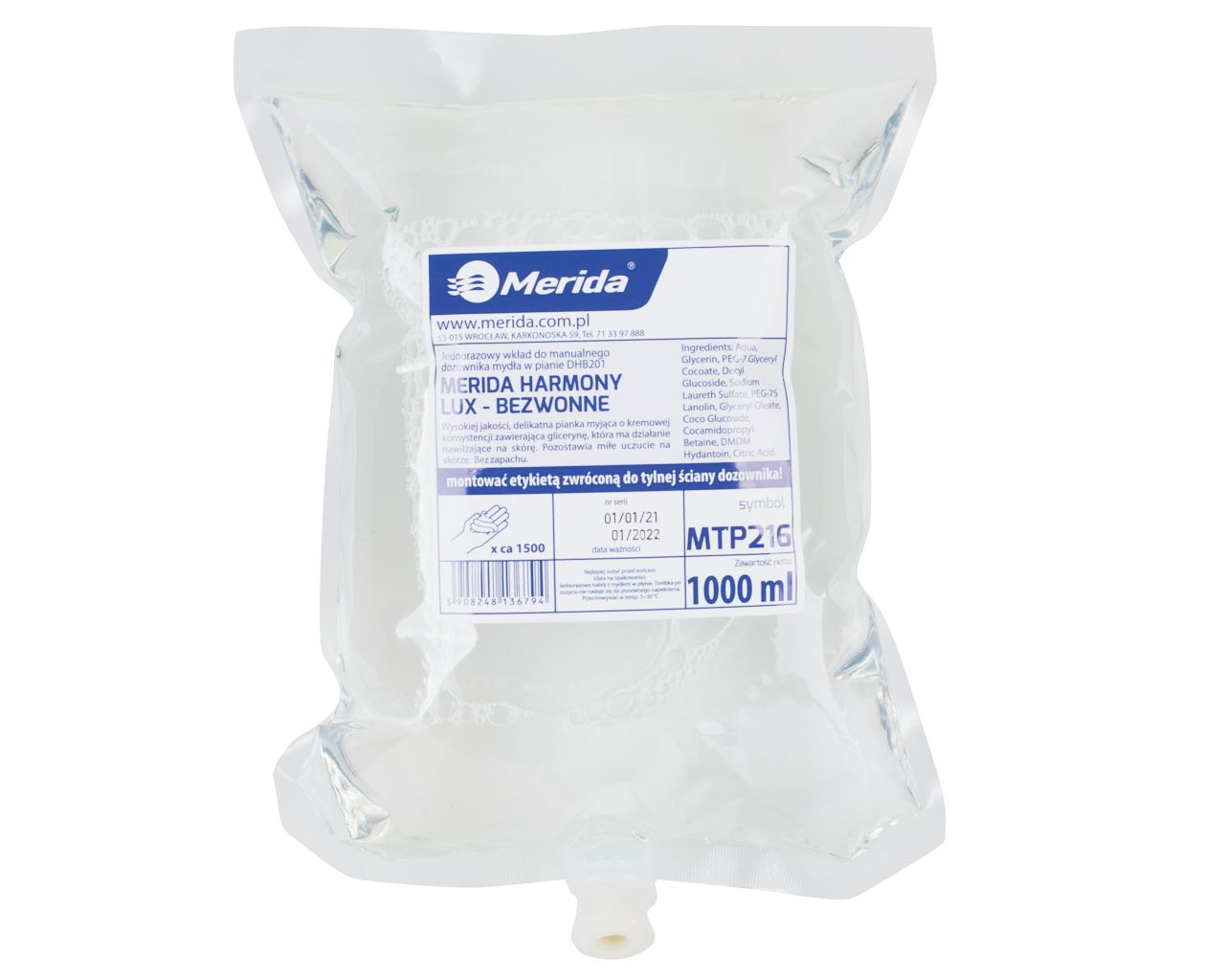 MTP216 HARMONY LUX пенное мыло БЕЗ ЗАПАХА, одноразовый сменный блок 1000 мл, без отдушек Merida 