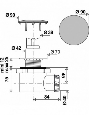 576300 000 00  Душевой трап для поддона Д. 50 мм, круглая металлическая крышка, выход горизонтальный, нержавеющая сталь Valentin Хром  - Вид №2