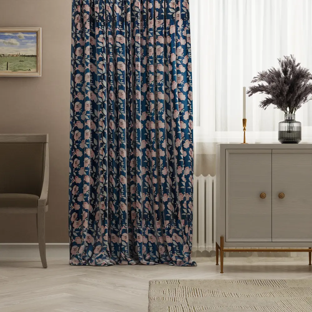 Штора на ленте Вельвет Цветы 160x260 см цвет синий WITERRA STLM-2186601