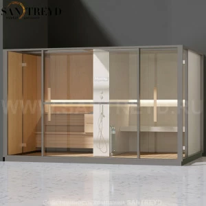 Effegibi LOGICA LO10010006 Комбинированная баня: хаммам и сауна. Установка: в левый угол. Мощность: 10,5 кВт макс. Размеры: длина 373 см, ширина 250 см. Отделка: канадский хемлок, матовый лакированный серый аллюминий и бежевый ламинат из керамогранита.