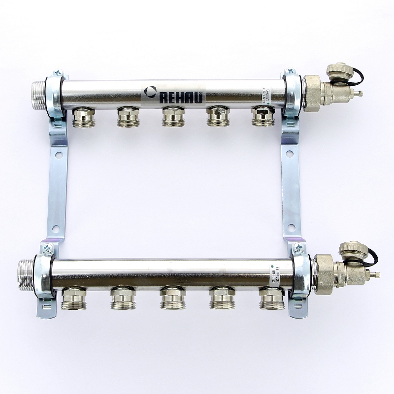 Коллекторная группа из нержавеющей стали с воздухоотводчиком REHAU 1"х3/4" 5 вых HLV 110207