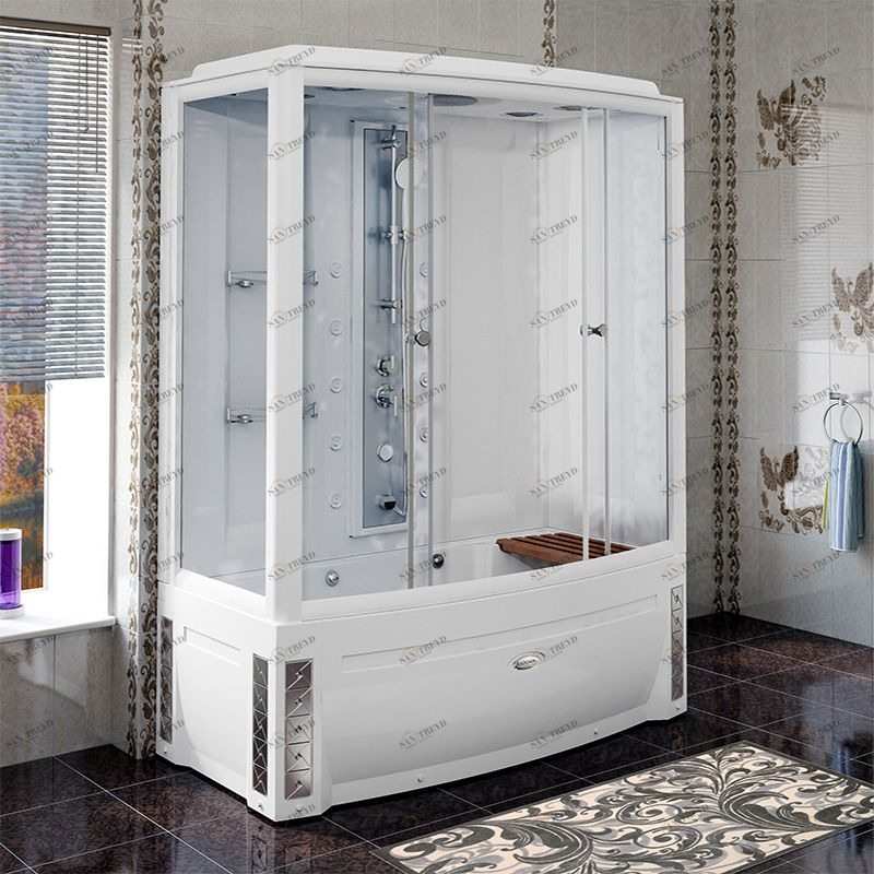 Душевой бокс "ЭЛИС компл. 1" (левое исполнение), чаша ванны, рама-подставка, слив-перелив полуавтоматический, фронтальная панель, торцевая панель, боковая стенка, задняя стенка, крыша, стеклянные шторки (прозрачные),  контроллер 300, функция «Пар», FM-при Radomir 1041140950