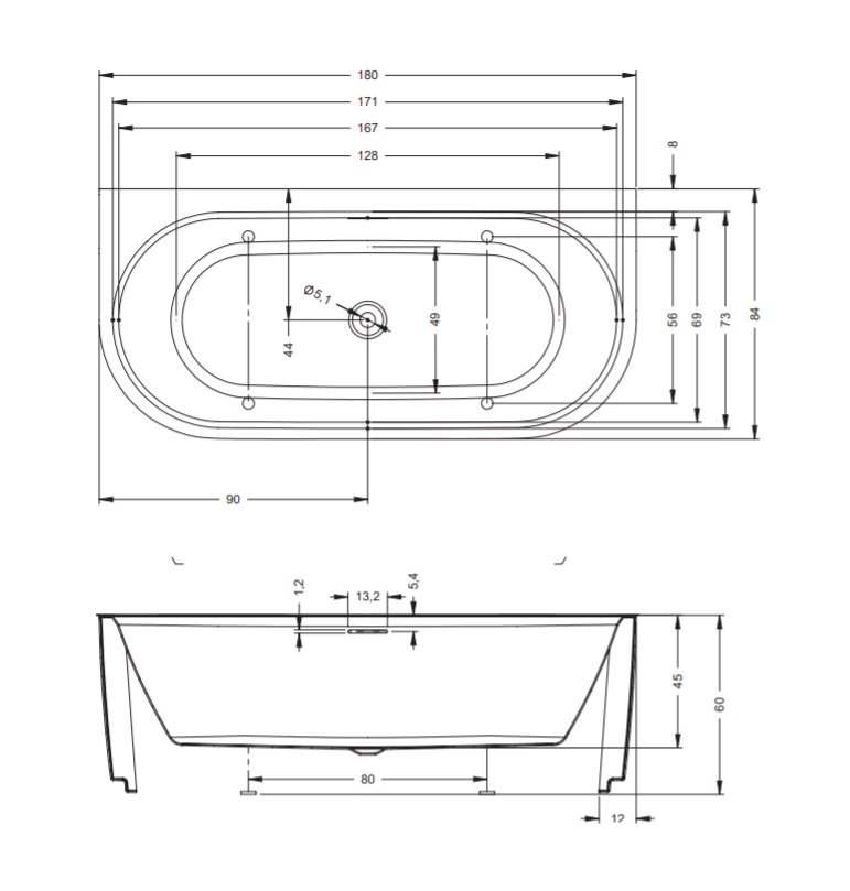 Desire back2wall 180 x 84_BD07105 Ванна Riho Desire Santreyd - Вид №1