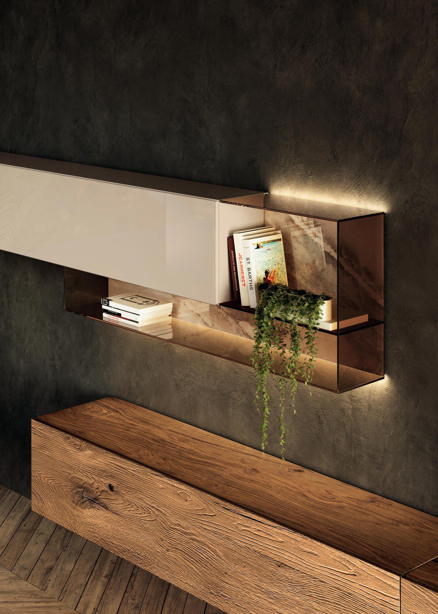 Оборудованная деревянная и стеклянная стена с подставкой для телевизора Lago 36e8 ARCH-00005431