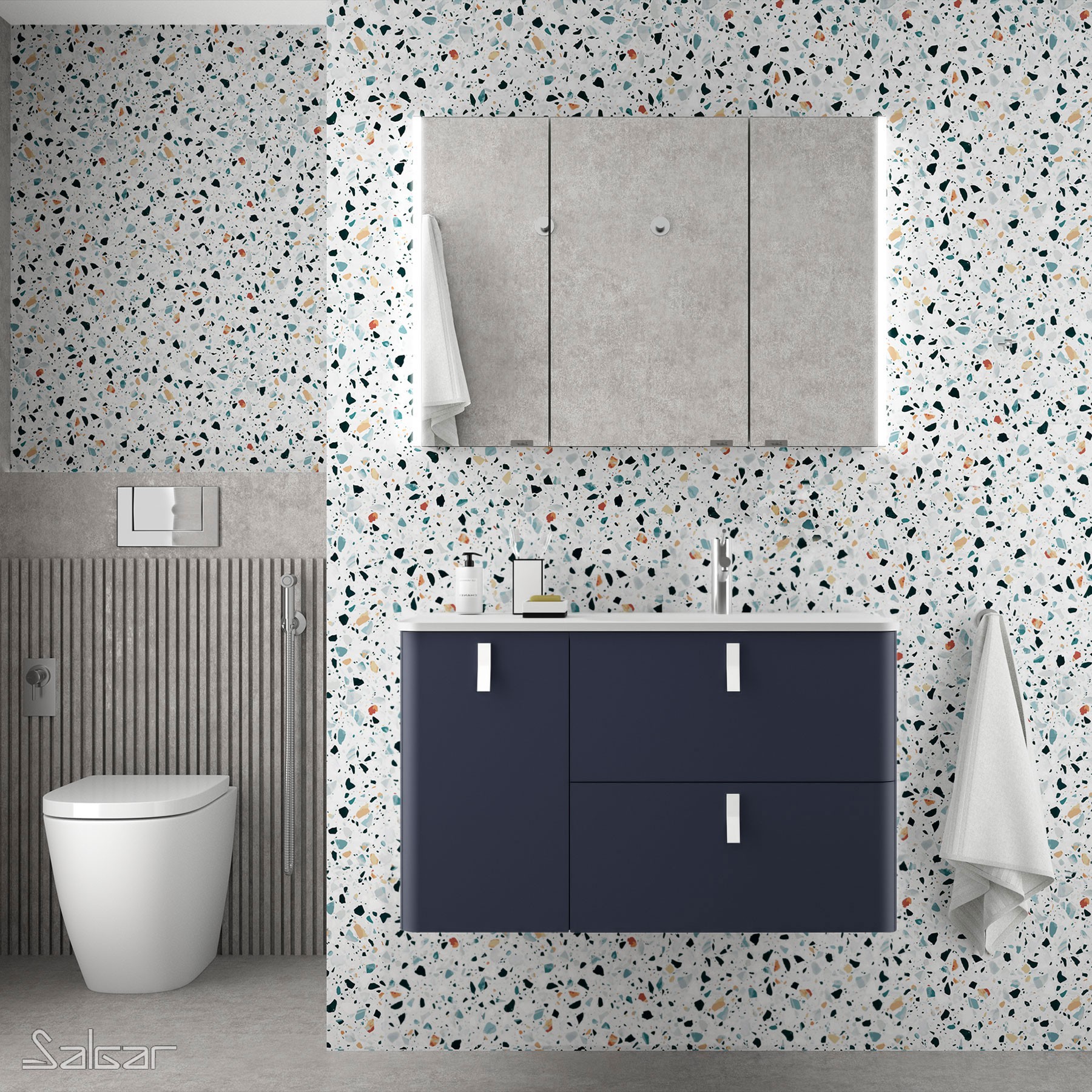83127 SALGAR Мебель для умывальника UNIIQ 900 NIGHT BLUE левая 1 дверца и 2 ящика с системой мягкого закрывания 897 x 540 x 450 мм  - Вид №1