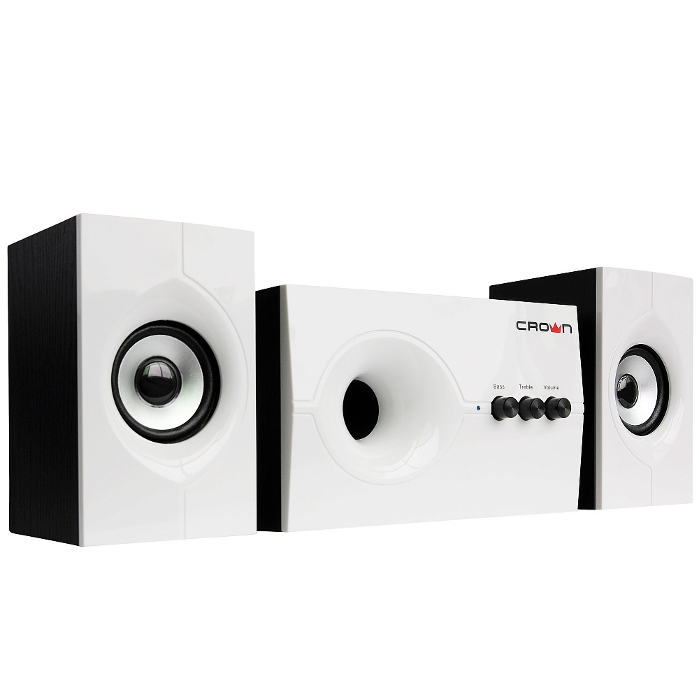 CMS-350 Акустическая система 2.1 ( белая лицевая панель; мдф, 15w+10wx 2=35w,длина кабеля питания и аудио кабеля 2м;,управление: питание, громкость, басс, высокие частоты.) Crown Santreyd  - Вид №1