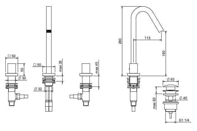 Смеситель для раковины с 3 отверстиями из латуни Rubinetterie Treemme X-Change ARCH-00079977 - Вид №2