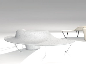 Реконструированная каменная изогнутая скамья со спинкой со встроенной плантатором