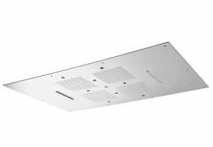 888 / C8 ХРОМОТЕРАПИЯ / ХРОМОТЕРАПИЯ 850x400 мм. Стальная прямоугольная потолочная лейка для душа с дождем, двойным водопадом и функцией хромотерапии с сенсорным управлением для активации хромотерапии. Устанавливается вместе со смесителем с минимальным ра