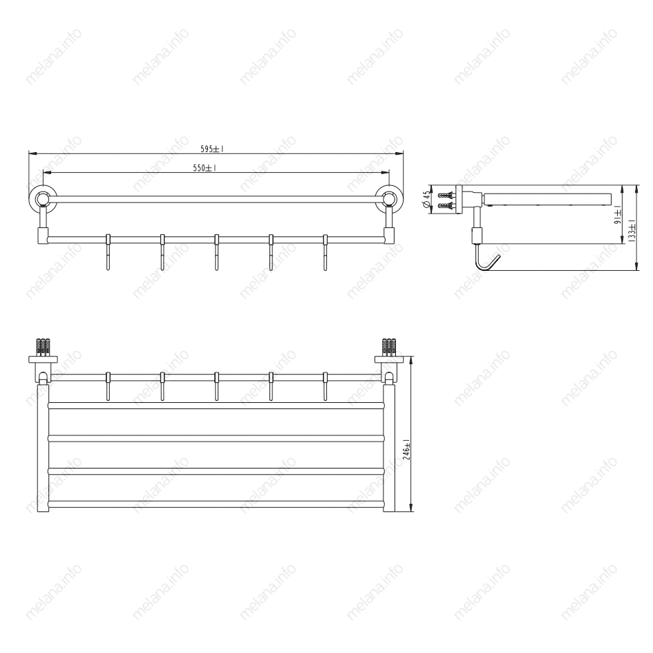 Полка для полотенец с крючками MELANA AISI 304 сатин MLN-S2221 S серия - Вид №1