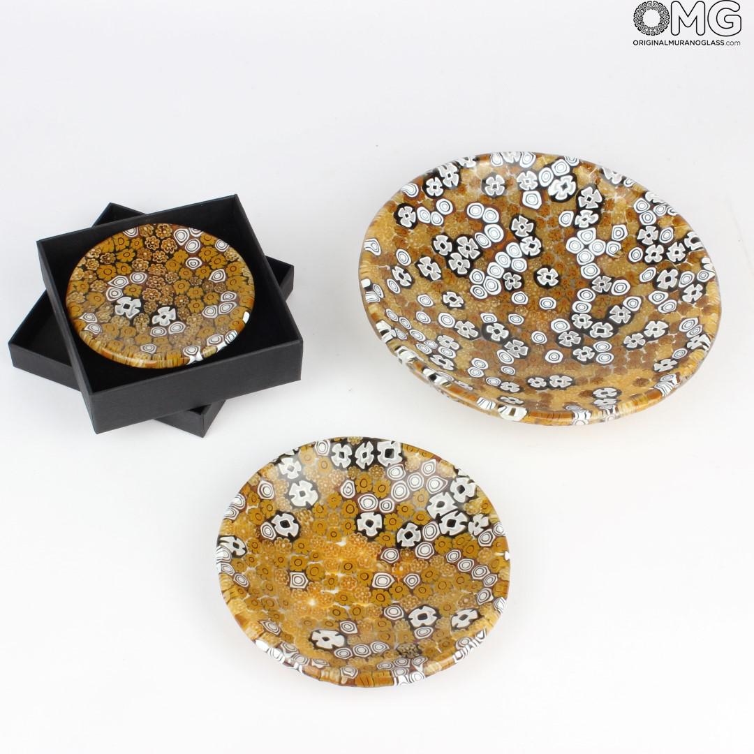 2113 ORIGINALMURANOGLASS Круглое коричневое блюдо Помпеи из муранского стекла с миллефиори - блюдце для мелочей- пепельница 8 см  - Вид №1