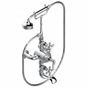 G25-11TRD Смеситель термостатический настенный для ванны/душа - запорные краны - 150 мм между центрами - с высокими телефонными рожками, душевая лейка и шланг 1,50 м (без верхней лейки) Thg-paris 1900 Хромированный