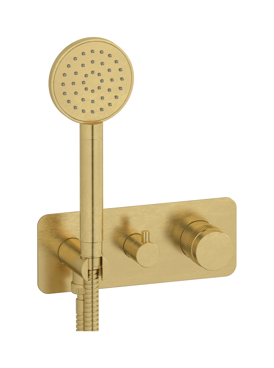 Прогрессивный настенный смеситель для душа на 3 потребителя со встроенным душевым гарнитуром. WE ARE IB rx314on Natural Brass Reflex