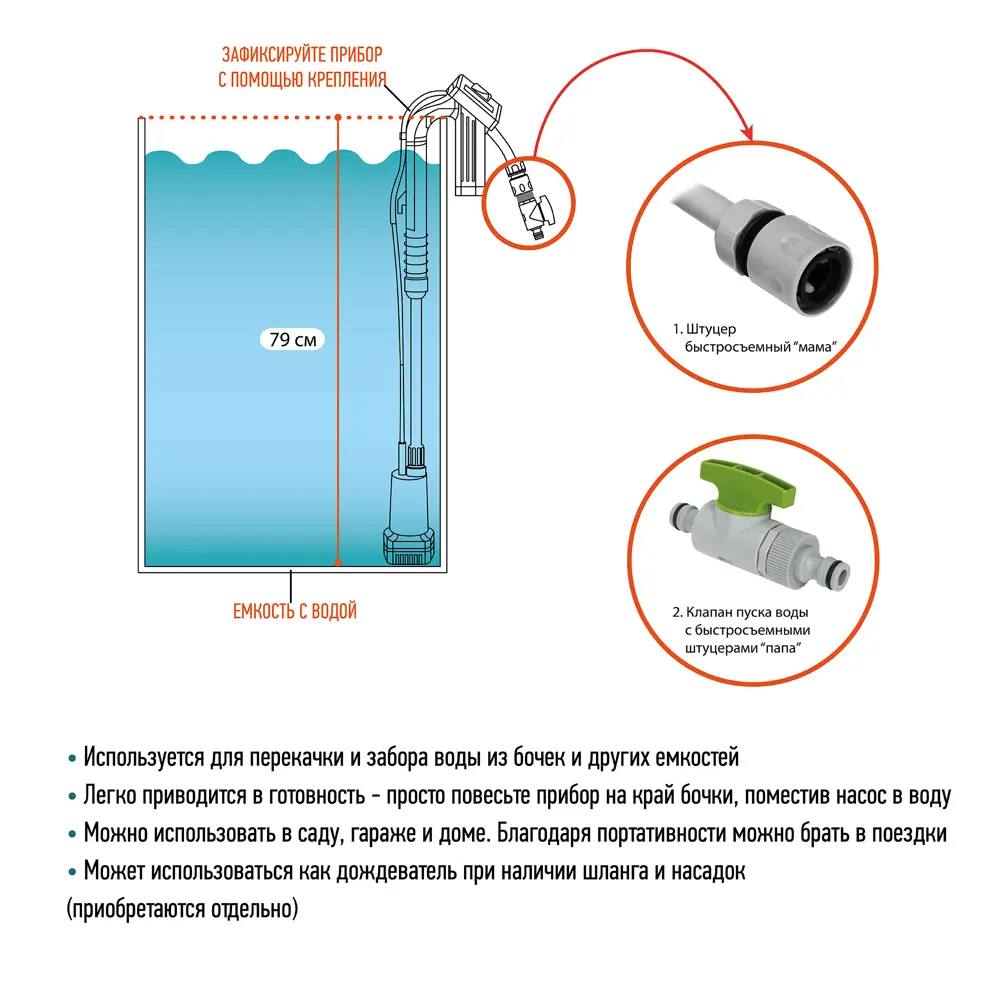 Насос погружной бочковой аккумуляторный 1500 л/час ECOTEC STLM-2053874 - Вид №6