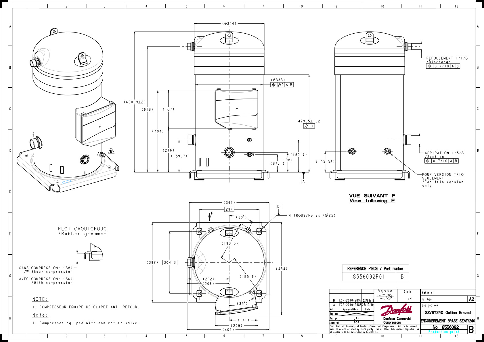 Danfoss SY — Герметичные спиральные компрессоры, R22, R134a, R407C SY300A4PBI Компрессор спиральный SY300A4PBI  - Вид №11