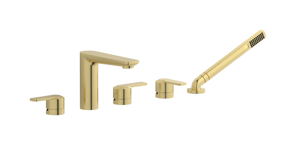 Смеситель на бортик ванной на 5 отверстий с дивертером и душевым гарнитуром. WE ARE IB c6396is Brushed Pale Gold C-67