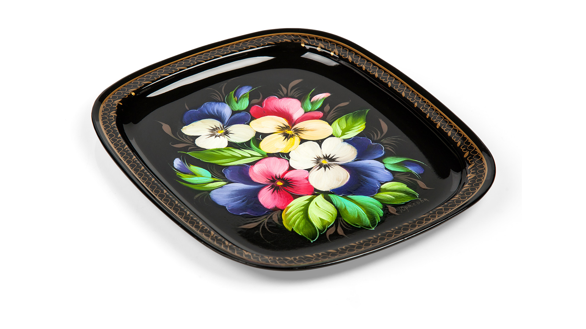 10618038 Жостовская фабрика декоративной росписи Поднос 21х18см НХПР " Цветы" Сталь  - Вид №1