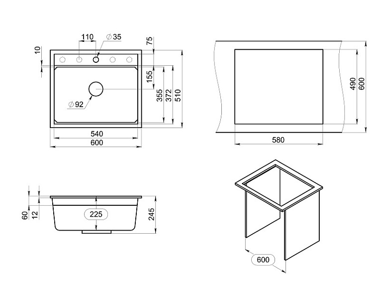KS-6003, ЧЁРНЫЙ, кухонная мойка, кварц GRANULA 6003-ST307 - Вид №3