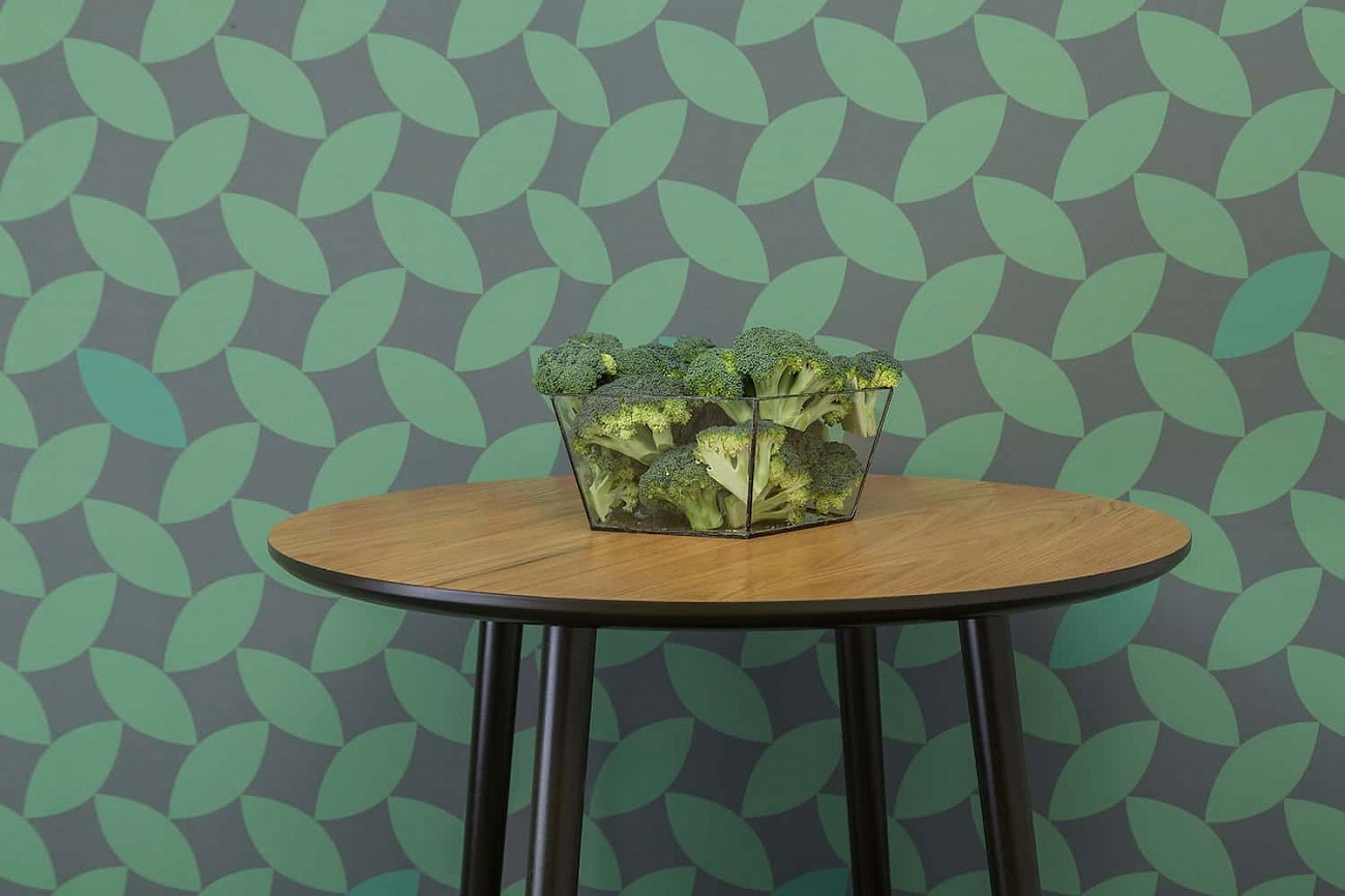 Стол обеденный круглый с деревянными ножками 90 см с бирюзовым кантом "Спутник" WOODI  00-3966002 Беленый дуб;бежевый  - Вид №1