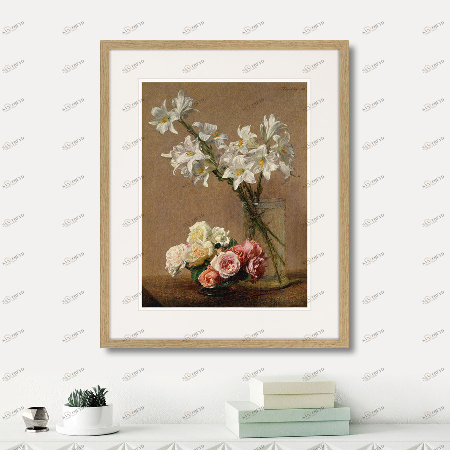 Картина в раме 52х42 см Roses and Lilies, 1888г. КАРТИНЫ В КВАРТИРУ  264543 Коричневый;розовый;разноцветный 