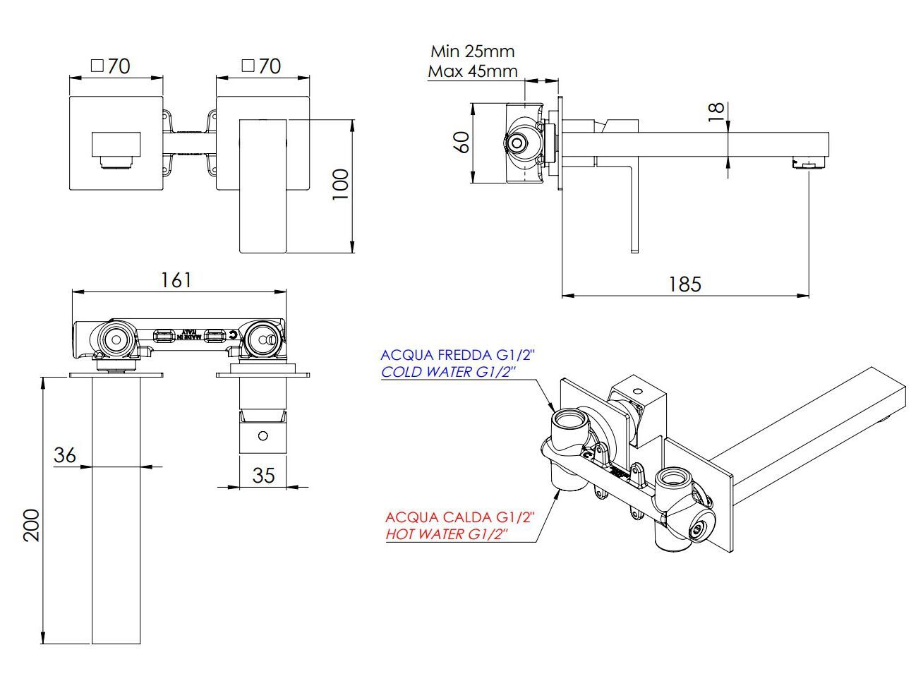 Настенный однорычажный смеситель для раковины Rubinetterie Mariani Rebel ARCH-00042517