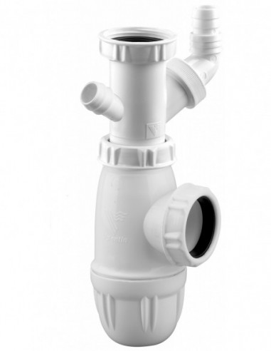 752200 001 00  Сифон для мойки со стиральной машиной и пробкой перелива, Д. 40 мм, сертифицирован NF, пластик Valentin Белый  - Вид №1