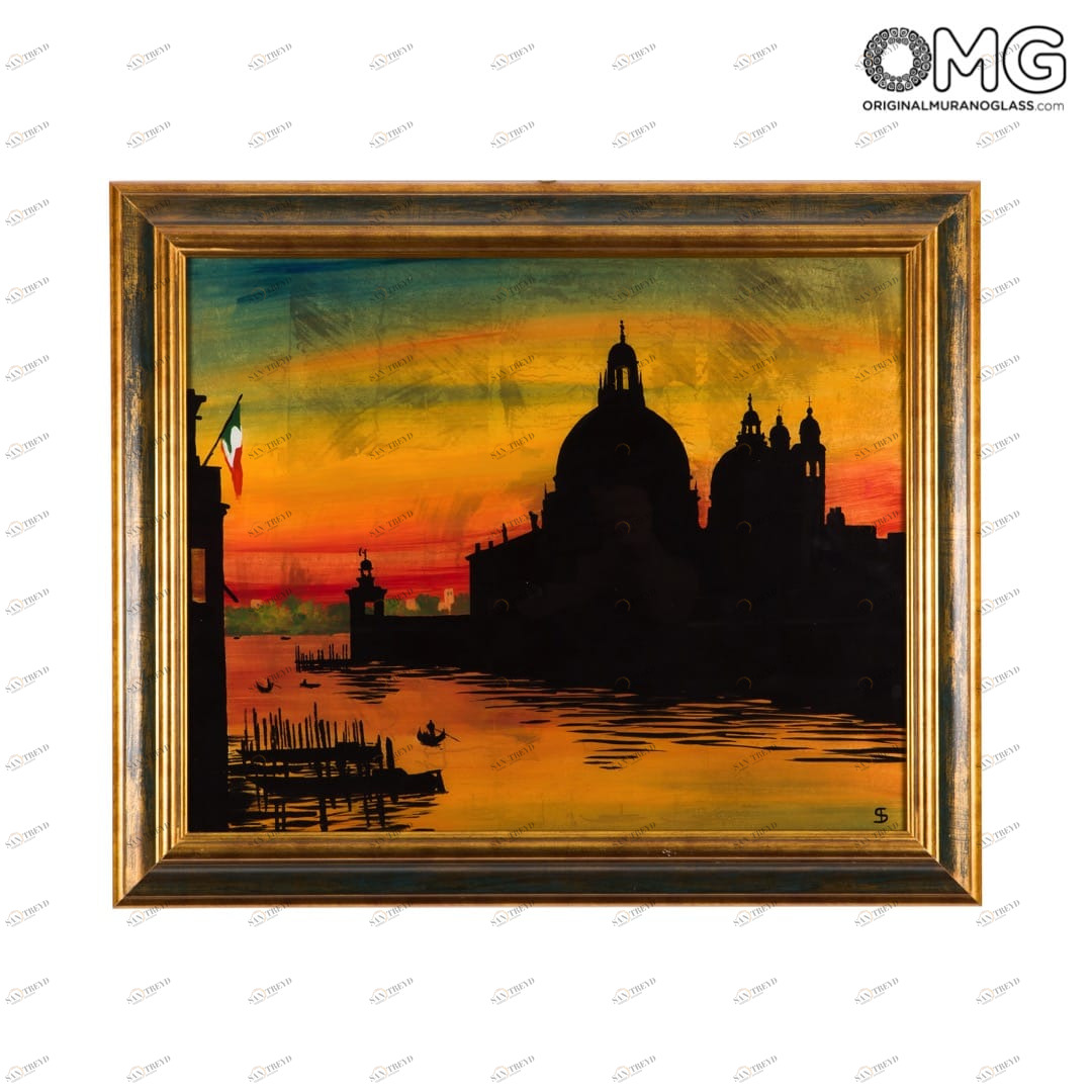 2441 ORIGINALMURANOGLASS Картина с рамкой - Собор делла Салюте на закате, эмаль на золотом листе - муранское стекло - Original Murano Glass OMG 3 см 