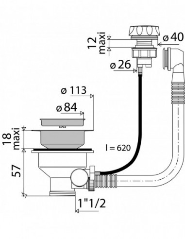 435500 000 00  Слив для раковины 1 автоматическая чаша для кабеля, Д. 90 мм, зажим 0/18 мм, с переливом, нержавеющая сталь Valentin Сталь  - Вид №3