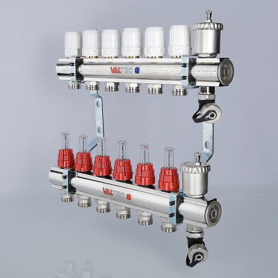 VTc.596.EMNX.0708 Коллекторный блок латунный с термостатическими клапанами и расходомерами Valtec 1 1/4", 8 x 3/4", "евроконус"  - Вид №1