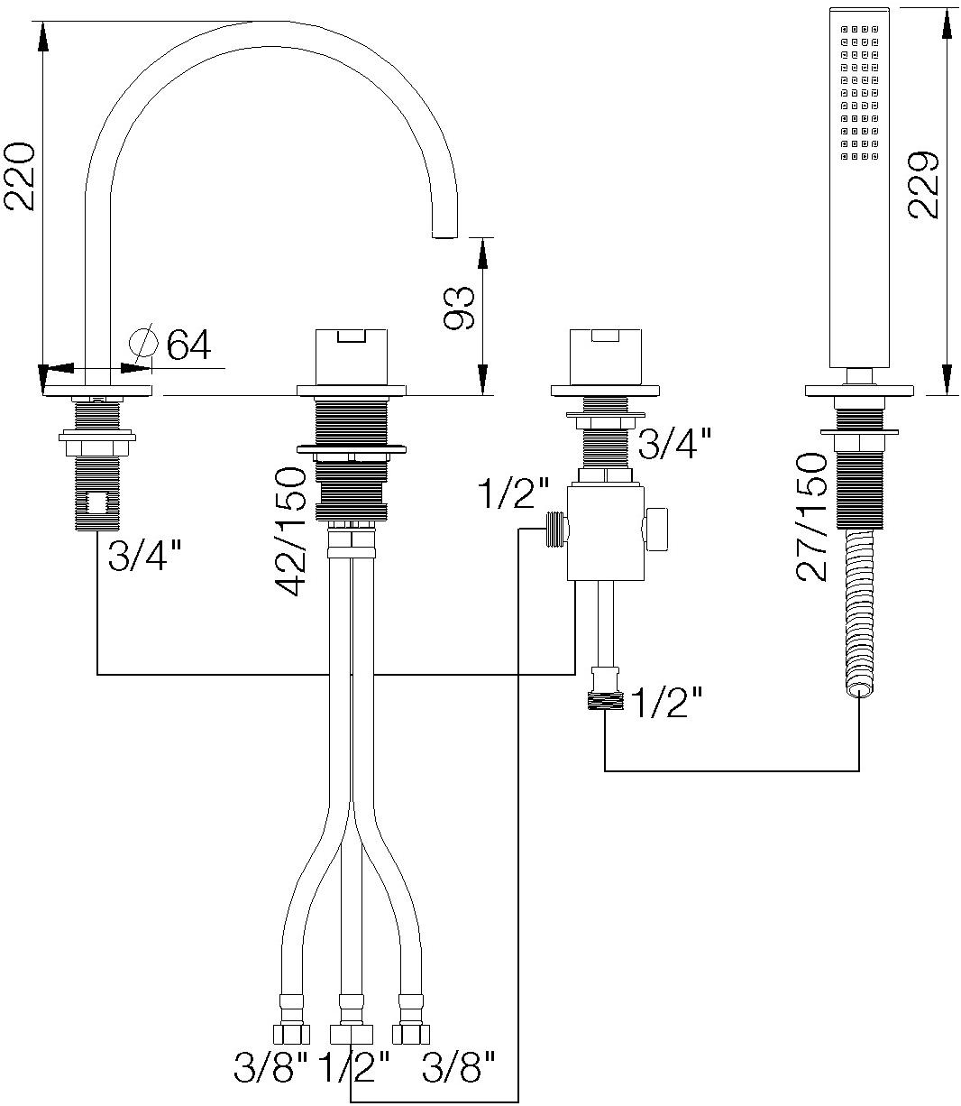 rvb Комплект для ванны с ручным душем на 4 отверстия Line 4575.--.70 - Вид №1