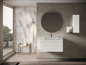 Подвесной умывальник с ящиками, навесным шкафом и зеркалом