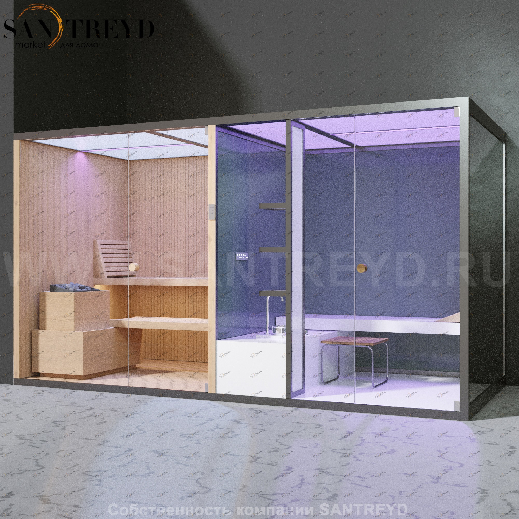 Effegibi BODYLOVE SH BL40140005 Фронтальная комбинированная баня: хаммам и сауна. Установка: в левый угол. Мощность: 15 кВт макс. Размеры: длина 393 см, ширина 176 см. Отделка: канадский хемлок, трубчатое стекло и зеркало.