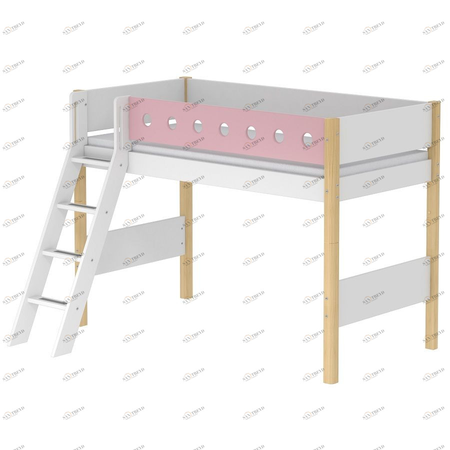 Кровать Flexa White полувысокая с наклонной лестницей, 190 см, розовая лакированная 801732721