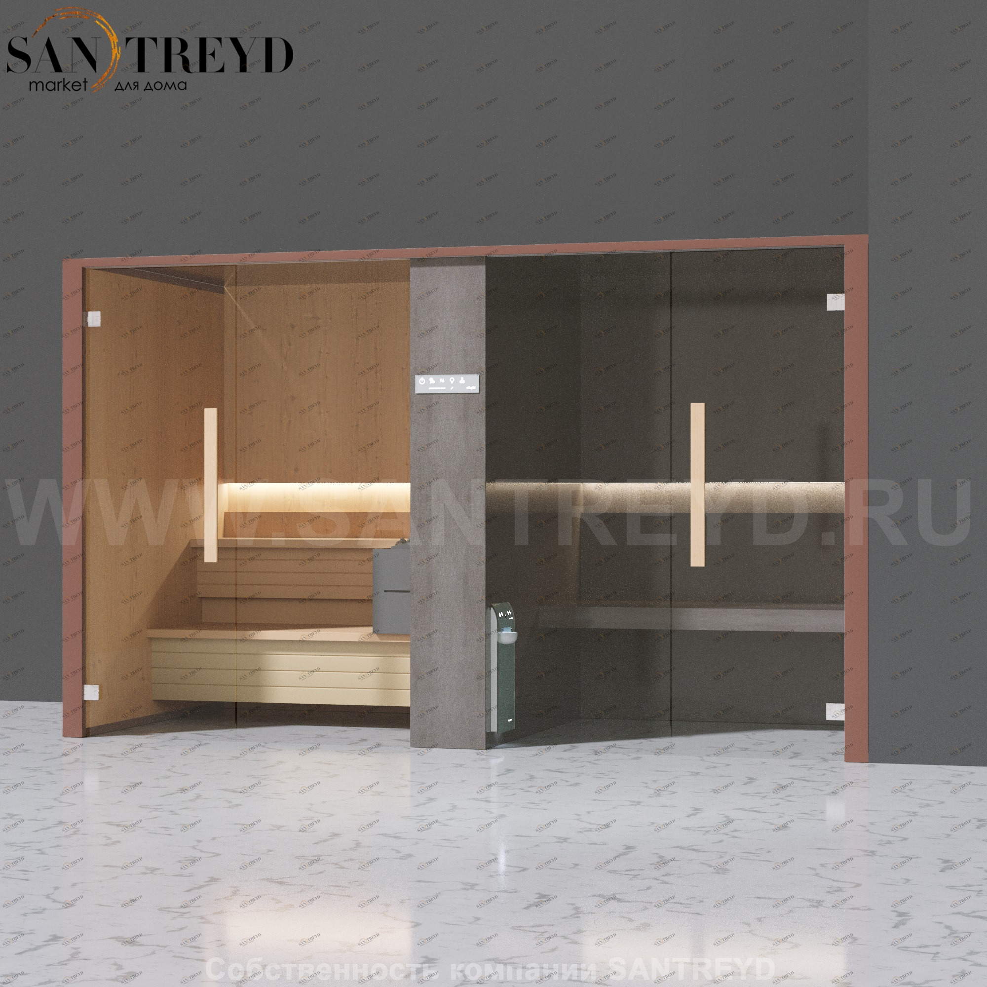 Effegibi LOGICAFILO SH LO41030004 Комбинированная баня: хаммам и сауна. Установка: в правый угол. Мощность: 10,5 кВт макс. Размеры: длина 373 см, ширина 171 см. Отделка: канадский хемлок, матовый лакированный коричневый аллюминий и темный ламинат из керам