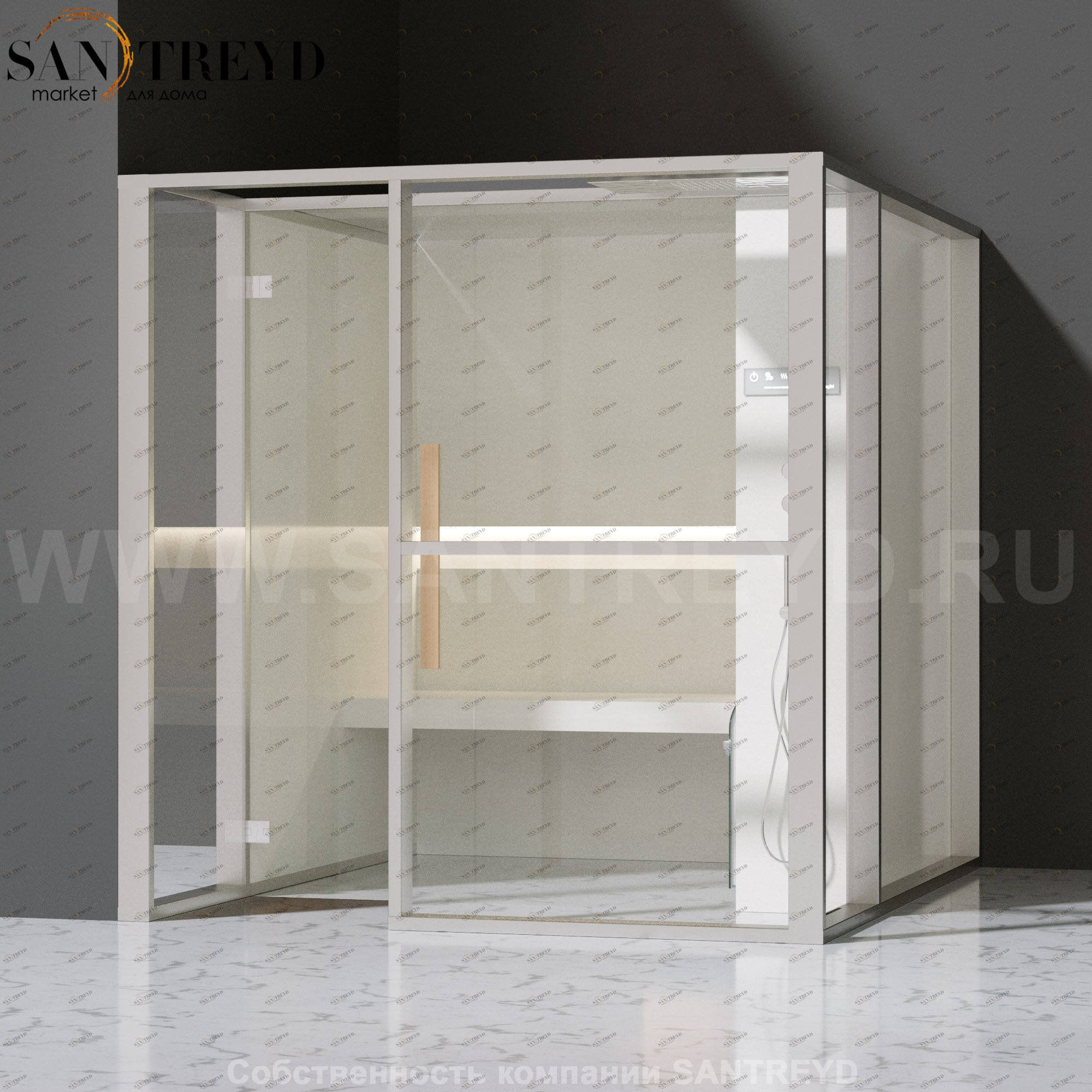 Effegibi LOGICAFILO H LO31020005 Хаммам. Установка: в левый угол. Правая дверь. Мощность: 4,5 кВт макс. Размеры: длина 214 см, ширина 250 см. Отделка: матовый лакированный белый аллюминий и серый ламинат из керамогранита.