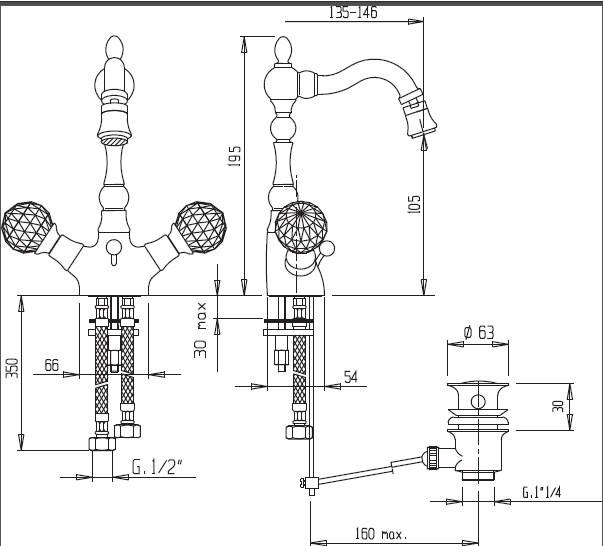 Смеситель для биде CEZARES ATLANTIS-BS2-03/24-Sw/M - Вид №1