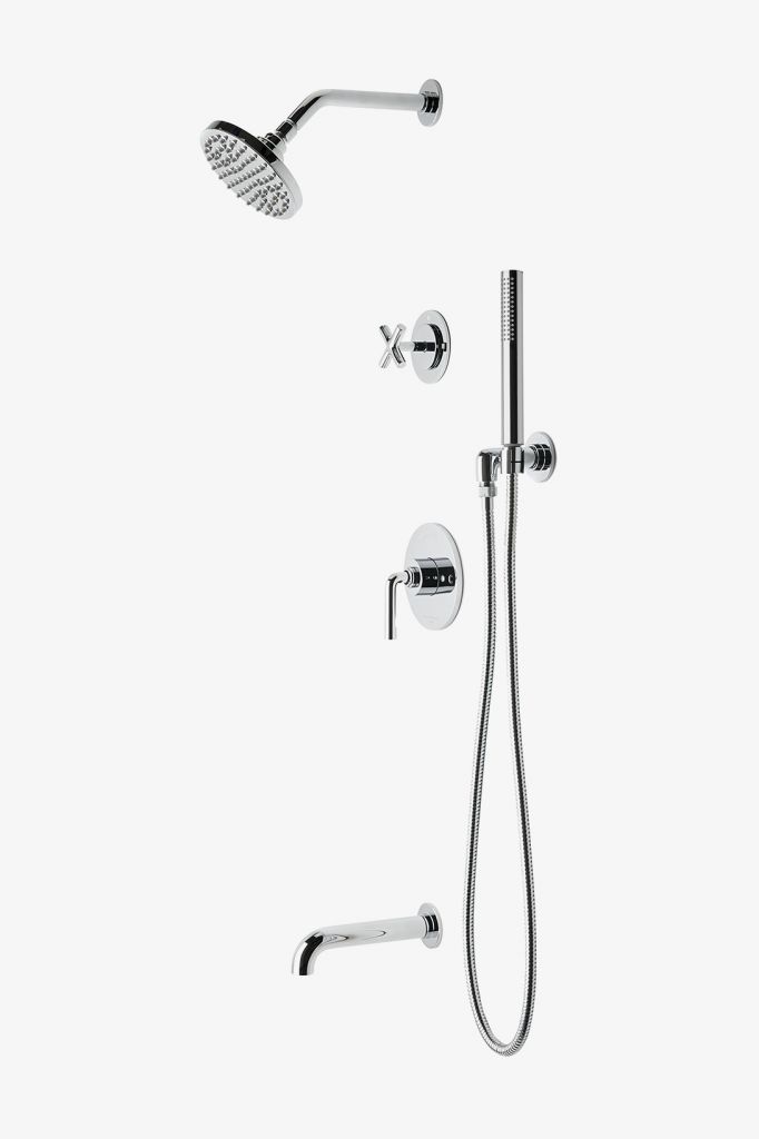 FLSP15 Комплект для душа Flyte с балансировкой давления с 6-дюймовой лейкой для дождя, ручным душем, изливом ванны и перекрестной перекрестной ручкой Waterworks 